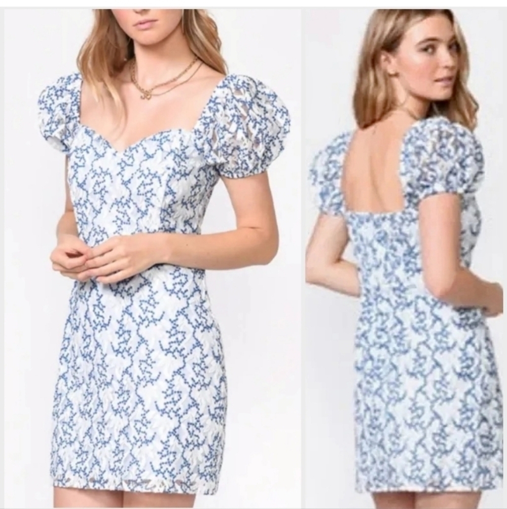 NWT Adelyn Rae “The Monroe” Lace MiniDress Floral Print Puff Sleeves   Medium